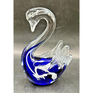 Art Glass Crystal Swan Figurine, Vintage, Cobalt Blue, Elegant, Handcrafted
